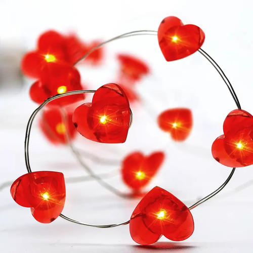ЧЕРВЕНО СЪРЦЕ, 20 LED СТРУННИ СВЕТЛИНИ, ЧЕРВЕНО, СРЕБЪРНА МЕДНА ЖИЦА С БАТЕРИЯ 2xAA,IP20,2M+10CM,1.2W