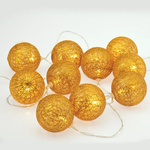 “WOVEN BALL DECORATIVE STRING LIGHTS” GOLD BALL 10 LED STRING LIGHTS WITH BATTERIES (2xΑΑ) WARM WHITE IP20 135+30cm TRANSPARENT CABLE