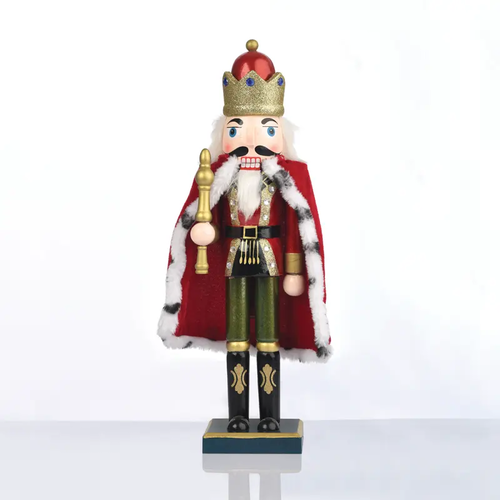 ^ WOODEN NUTCRACKER KING GREEN & RED WITH CAPE H35CM
