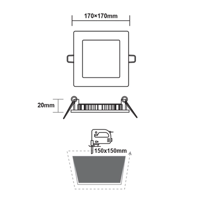 LED ТЪНЪК ПАНЕЛ БЯЛ КВАДРАТЕН ЗА ВГРАЖДАНЕ 12W 4000K 1100Lm 170x170mm 230V Ra80