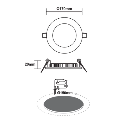 LED ТЪНЪК ПАНЕЛ БЯЛ КРЪГЪЛ ЗА ВГРАЖДАНЕ 12W 6500K 1100Lm Φ170mm 230V AC Ra80