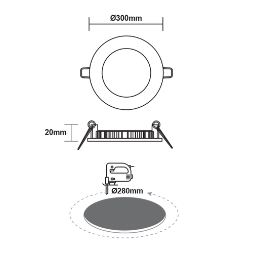 LED ТЪНЪК ПАНЕЛ БЯЛ КРЪГЪЛ ЗА ВГРАЖДАНЕ 23W 3000K 2050Lm Φ298mm 230V AC Ra80 - изображение 2