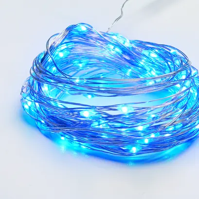 100 LED СТРУННИ СВЕТЛИНИ, СИН, СРЕБРИТО МЕДЕН ПРОВОД, АДАПТЕР (3,5VDC) И 8 ФУНКЦИИ, IP44, 10M+3M, 600mA