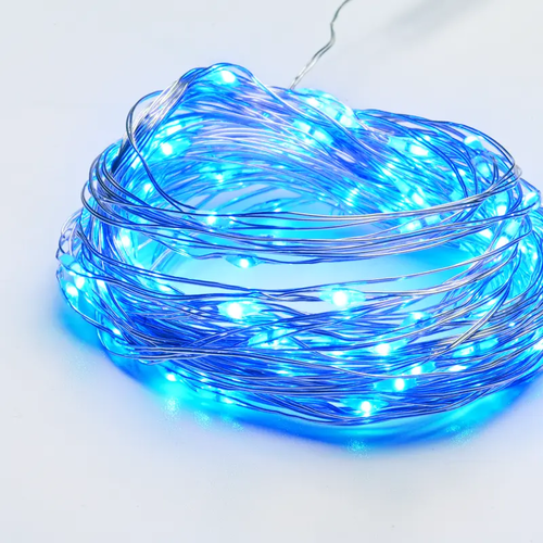 100 LED СТРУННИ СВЕТЛИНИ, СИН, СРЕБРИТО МЕДЕН ПРОВОД, АДАПТЕР (3,5VDC) И 8 ФУНКЦИИ, IP44, 10M+3M, 600mA