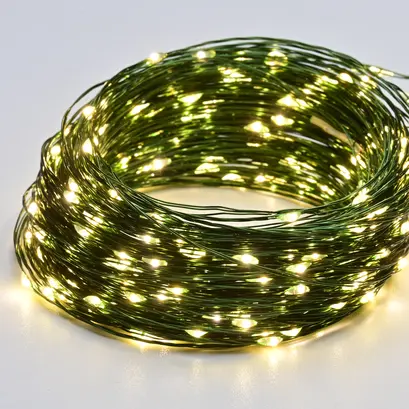 300 LED СТРУННИ СВЕТЛИНИ, WW, ЗЕЛЕН МЕДЕН ПРОВОД, АДАПТЕР (6VDC) И 8 ФУНКЦИИ, IP44, 30M+3M, 600mA