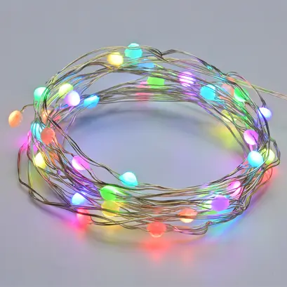 50 LED СУПЕР СТРУННА СВЕТЛИНА МНОГОЦВЕТНО СРЕБРИТО МЕДЕН ЖЕЛ И USB АДАПТЕР 5V WI-FI+BLUETOOTH+ИНФРАЧЕРВЕНО ДИСТАНЦИОННО УПРАВЛЕНИЕ IP44 5M+2M