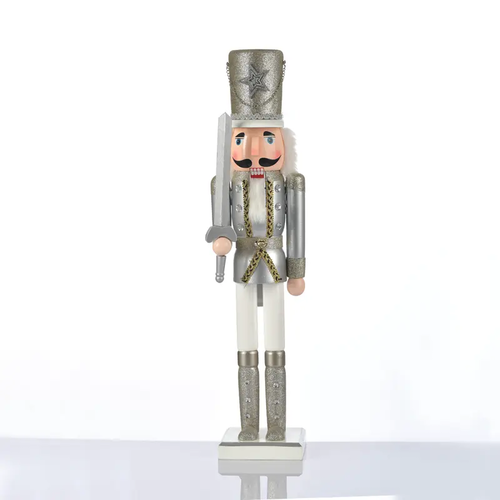 ^ WOODEN NUTCRACKER SOLDIER WHITE & SILVER WITH SWORD H30CM
