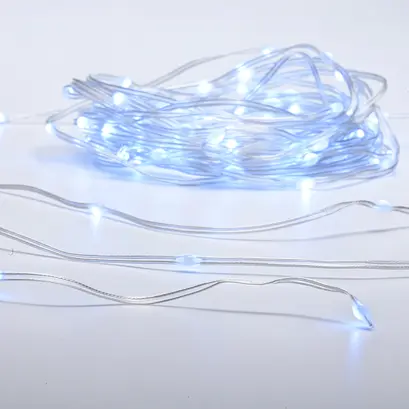100 LED СТРУННИ СВЕТЛИНИ, МЕДЕН КАБЕЛ, CW С БАТЕРИИ 3AA  8 ФУНКЦИИ IP44 ДЪЛЖИНА 10m 0,3m ПРОЗРАЧЕН КАБЕЛ
