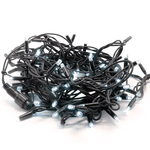 ^ 100 FLASH LED RUBBER CABLE CW STRING LIGHTS CONTECT.  (MAX 20), 10CM DIST., 10M,IP44, 1.5 LEAD CABLE