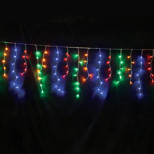 ^144 LED ICICLE СВЕТЛИНА, МНОГОЦВЕТНА, АДАПТИРА. (31VDC), СВЪРЗВАНЕ. (MAX 4) & 8 FUNCT., IP44, 300x60cm, TRANS / NT КАБЕЛ