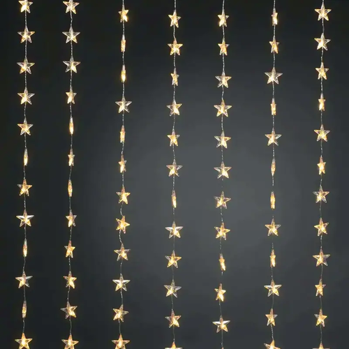 ^ 48LED CURTAIN LIGHTS STARS COOL WHITE ADAPTOR VDC & 8 FUNCTIONS IP44 5M GREEN CABLE
