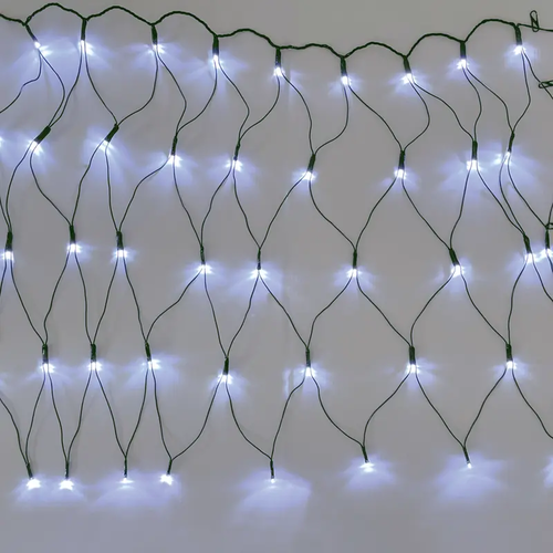 ^ 50 LED NET СВЕТЛИНА, СТУДЕНО БЯЛ АДАПТЕР 24VDC CONNECTABLE MAX 12 КОМПЛЕКТА IP44 55x80cm ЗЕЛЕН КАБЕЛ & 5 КУКИ