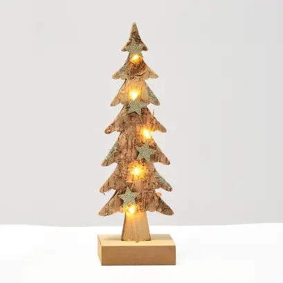 ДЪРВЕНА XMAS ДЪРВЕНА СВЕТЛИНА КАФЯВО ДЪРВО+ГОЛЯМО 5ЛЕД ЛАМПИ БАЕРИЯ(2xAAA)ТОПЛО БЯЛОIP20 9.5x6x31cm
