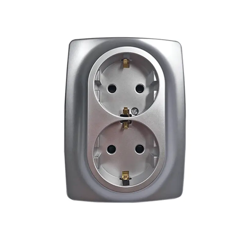 PRIME ШУКО КОНТАКТ СЪС ЗАЩИТНИ КАПАЧЕТА 2x2P+E 16A 250VAC IP20 МАТОВ АЛУМИНИЙ