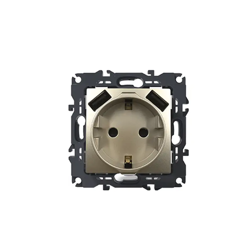 PRIME SCHUKO SOCKET WITH SAFETY SHUTTER 1x2P+E 16A 250VAC & 2 USB 5VDC 3.1A IP20 MATT CHAMPAGNE