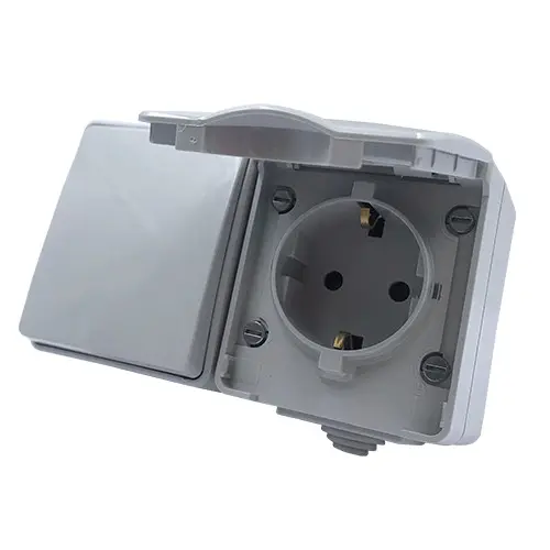 ARMY ХОРИЗОНТАЛЕН БЛОК 1-КЛЮЧОВ 2-ПОЛЮСЕН ПРЕВКЛЮЧВАТЕЛ 1P 10AX 250VAC IP55 И ШУКО КОНТАКТ СЪС ЗАЩИТНИ КАПАЧЕТА 1x2P+E 16A 250VAC IP55 (IP54) ЗА СТЕНЕН МОНТАЖ ВОДОУСТОЙЧИВ С ВИНТОВЕ СВЕТЛО СИВ