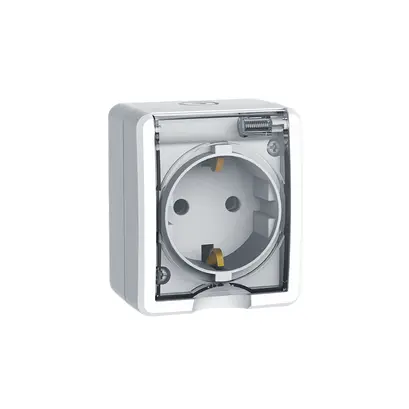 MURATA КОНТАКТ ШУКО С КАПАК И ЗАЩИТА ЗА ВЪНШЕН МОНТАЖ С ВИНТОВЕ 1x2P+E 16A 250VAC IP20 БЯЛ