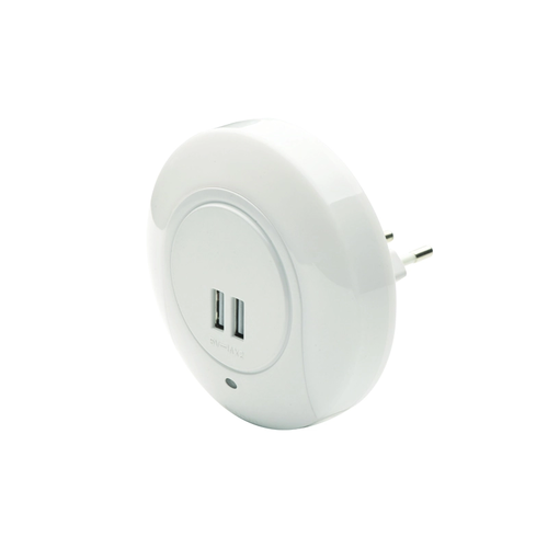 НОЩНА LED ЛАМПА  1W 4000K ΜΕ 2 USB ПОРТА ,КОНТАКТ ON/OFF И AUTO MODE,БЯЛА ПЛАСТМАСА  230V IP20