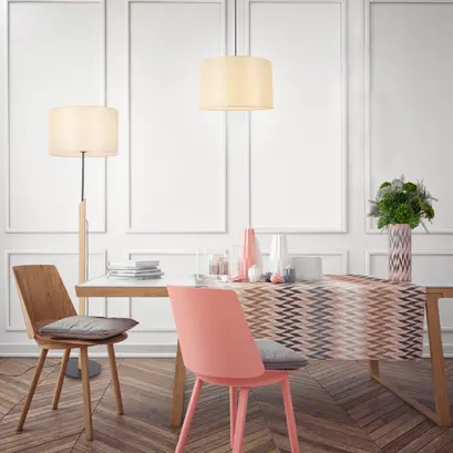PENDANT LAMP NATURAL WOOD BEIGE FABRIC SHADE 1XΕ27 H56CM D27CM CLIFF