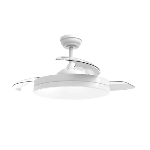 ДЕКОРАТИВЕН БЯЛ ВЕНТИЛАТОР ЗА ТАВАН DC35W ДИМИРУЕМ LED DIAM132CM 3 ПРОЗРАЧНИ ПЕРКИ С ДИСТАНЦИОННО УПРАВЛЕНИЕ 2 ПРЪТА 13&25CM